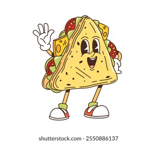 Personaje de sándwich de comida rápida de dibujos animados retro groovy, emoji de cómic de Vector. Groovy sándwich con sonrisa feliz y cara divertida saludando Hola o Hola gesto para comida rápida personaje de dibujos animados funky o menú para niños