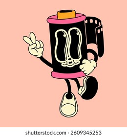 Groovy retro cartoon film roll character with a funky vintage vibe