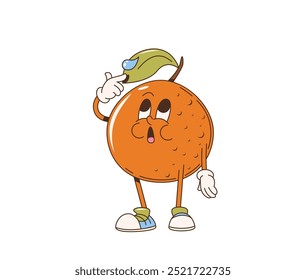 Personaje de pomelo de dibujos animados retro groovy con cara divertida, cómic funky de Vector. Caricatura groovy pomelo con gota de agua en la hoja, divertido carácter lindo de la fruta cítrica para emoji hippie de los años 70