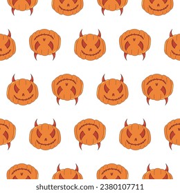 Groovy retro cartoon Halloween character. Evil pumpkin mascot. Spooky seamless pattern.