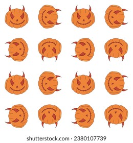 Groovy retro cartoon Halloween character. Evil pumpkin mascot. Spooky seamless pattern.