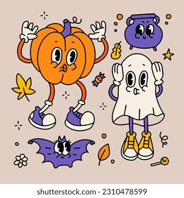 Groovy Retro Cartoon Halloween characters set. Old trippy creepy figures of ghost, pumpkin, cauldron, bat. 70s linear hand drawn vector illustration. Vintage colorful mascots doing boo.