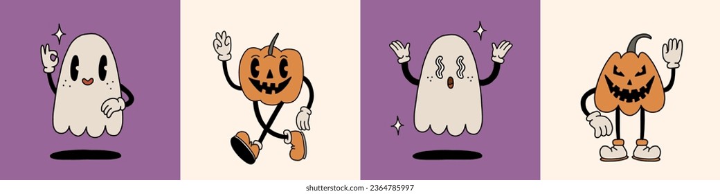 Caricatura de Groovy Retro - Halloween. Viejas figuras espeluznantes de fantasmas y calabazas. Ilustración vectorial lineal dibujada a mano en los años 70. Mascotas de color vintage diferentes emociones - feliz, temible, boo