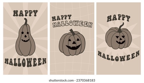 Groovy Retro Cartoon Halloween characters set. Old spooky pumpkins. 70s linear hand drawn vector illustration. 