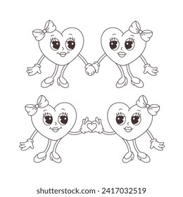 Groovy retro cartoon heart characters. Outline hearts, coloring book. Valentines day, love couple. Vector illustration