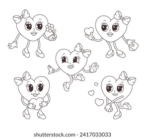Groovy retro cartoon heart characters. Outline hearts, coloring book. Valentines day. Vector illustration