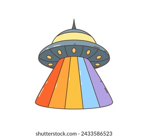 Groovy retro cartoon hippie flying UFO saucer with rainbow beams, vector 70s art sticker. Vintage groovy or hippy funky art of peace and love or disco music symbol of alien UFO with rainbow laser