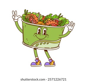 Groovy retro cartoon hippie salad box character or funny fast food, vector personage. Groovy lunch salad box bowl with happy smile on funny face, seafood and vegetables for fast food cartoon character