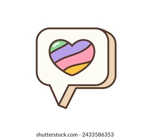 Groovy retro cartoon or hippie symbol of message bubble with rainbow heart, vector sticker. 70s vintage groovy and hippy funky art symbol of love rainbow and peace message in chat cloud