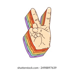 Groovy retro cartoon hippie symbol of peace gesture sign, vector icon. Groovy cartoon V peace fingers sign with rainbow finger colors for positive vibes, love emotion and 70s hippie emoji emotion