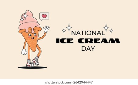Groovy retro cartoon ice cream character. National Ice Cream Day banner for promotion, website, summer event flyers, social media, food holiday designs. Vector illustration.
