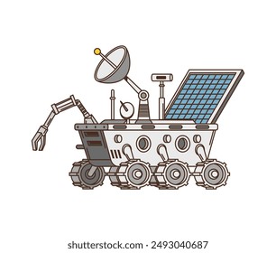 Groovy retro cartoon moon rover in space or galaxy planet, vector 70s art sticker. Groovy lunar rover of space exploration and galactic adventure with antenna for galaxy space in funky retro cartoon