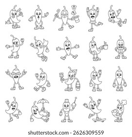Groovy retro cartoon pepper characters with emotions activities costumes and food in funny outline style