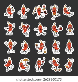 Groovy retro cartoon pepper characters with emotions activities costumes and food in funny outline style