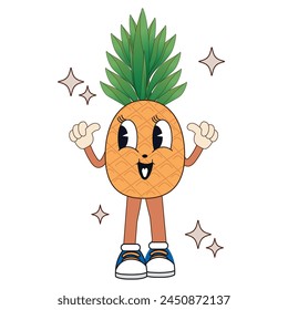 Groovy retro cartoon pineapple character in cool vintage 50s, 60s, 70s style. Fruit vintage mascot.
