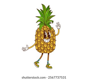 Groovy retro cartoon pineapple fruit character with funny face and smile, vector comic emoji. Groovy pineapple tropical fruit with Hi Hello gesture and happy freaky or funky smile in retro cartoon art