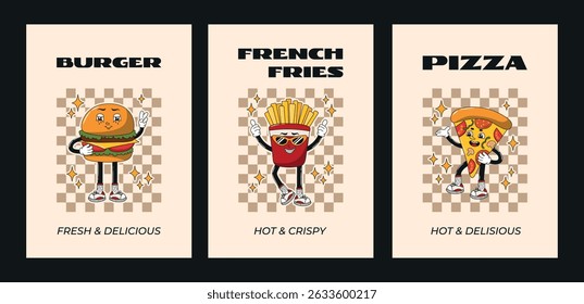 Groovy retro cartoon poster, card set with burger, pizza, french fries characters. Funky comic fast food mascots with smiling face. 60s, 70s, 80s hippie vector illustration for cafe, bar, restaurant.
