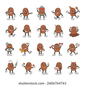 Groovy retro cartoon potato character illustrations with emotions actions accessories expressions objects and seasonal festive decorative elements