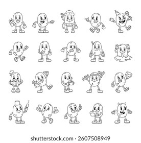 Groovy retro cartoon potato character illustrations with emotions actions accessories expressions objects and seasonal festive decorative elements
