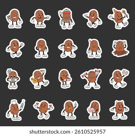 Groovy retro cartoon potato character illustrations with emotions actions accessories expressions objects and seasonal festive decorative elements