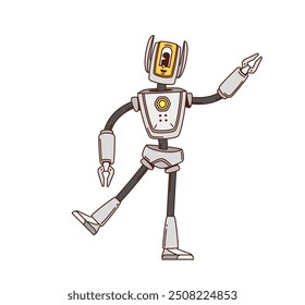 Groovy Retro Cartoon Roboter Charakter oder Alien Raum Roboter Android, Vektor Bot. Groovy Retro Roboter oder Cyborg Droid Maschine, funky lustig niedlich Roboter Cyber Humanoid mit glücklichem Gesicht und Lächeln