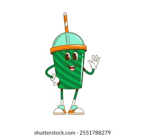 Personaje de cóctel de día de San Patricio de dibujos animados retro groovy para vacaciones irlandesas, cómic divertido de Vector. Groovy batido de dibujos animados o bebida de batido con rayas verdes y cara feliz, personaje del Día de San Patricio