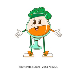 Groovy retro cartoon Saint Patrick day beer character for Irish holiday, vector funny comic. Groovy cartoon green ale beer with happy smiling face, St Patrick Day character in 70s hippie retro art