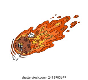 Asteroide espacial de dibujos animados retro groovy o personaje de cometa con cara divertida, arte cómico funky de Vector. asteroide groovy o meteoro de galaxia con llamas de fuego ardiendo volando con puño de puño y sonrisa peculiar