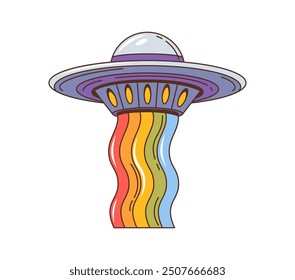 Groovy retro cartoon space UFO with rainbow in galaxy sky, vector 70s art sticker. Groovy alien UFO saucer with rainbow flow in galaxy space for funky disco, rave or pop music badge or t-shirt print