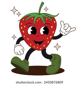 Groovy retro cartoon strawberry character in cool vintage 50s, 60s, 70s style. Fruit vintage mascot.