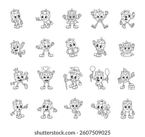 Groovy retro cartoon strawberry character dancing smiling playing holding balloon cape love money gift thinking