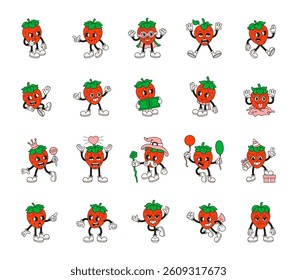 Groovy retro cartoon strawberry character dancing smiling playing holding balloon cape love money gift thinking