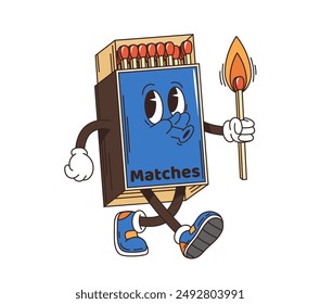 Groovy retro cartoon travel character, matches box with funky face, vector comic smile. Groovy travel emoji or emoticon of backpacker traveler or tourist box of matches with fire for summer vacations