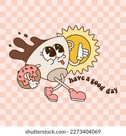 Groovy retro cartoon walking coffee character on checkered background. Coffee in a ceramic cup with smile, eyes and gloved hands holding donut. Good morning banner, card. Vintage contour illustration.