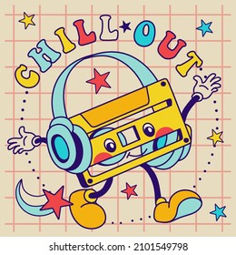 Groovy retro cassette tape with slogan. 70's, 80's, 90's style fun vintage illustration and motivation quote: "Chill out" for tee, t shirt