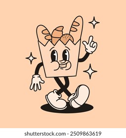 Groovy retro character bag with baked goods. Flat vector illustration.