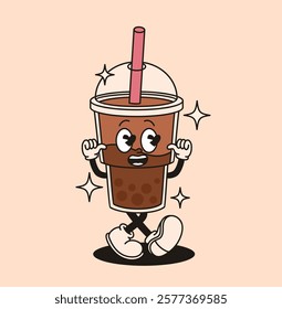 Groovy retro character bubble milk tea. Flat vector illustration.