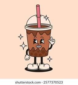 Groovy retro character bubble milk tea. Flat vector illustration.