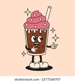 Groovy retro character bubble tea. Flat vector illustration.