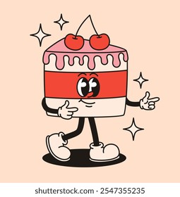 Groovy retro character cake. flat vector illustration.
