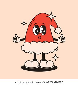 Groovy retro character Christmas hat. Flat vector illustration.