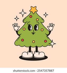 Groovy retro character Christmas tree. Flat vector illustration.