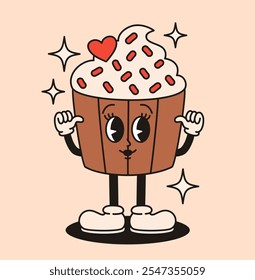 Groovy retro character cupcake. flat vector illustration.