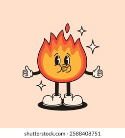 Groovy retro character fire. Flat vector illustration.