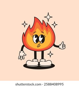 Groovy retro character fire. Flat vector illustration.