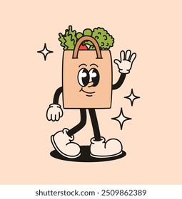 Groovy retro character grocery bag. Flat vector illustration.