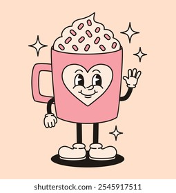 Groovy retro caractere chocolate quente. Ilustração de vetor plano.