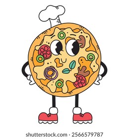 Groovy retro character pizza. Junk food, fast food. Vector isolated illustration