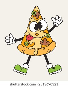 Groovy rebanada de pizza de carácter retro. Comida chatarra. Ilustración aislada de dibujos animados de Vector