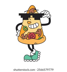 Groovy retro character pizza slice in sunglasses pixel art. Junk food, fast food. Vector isolated illustration